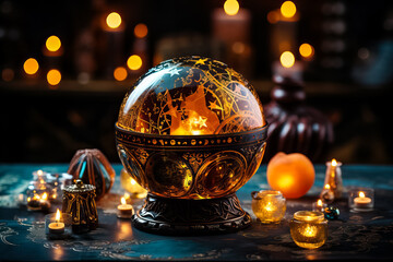 Crystal ball gazing with smoky incense illuminating mystical signs and symbols 