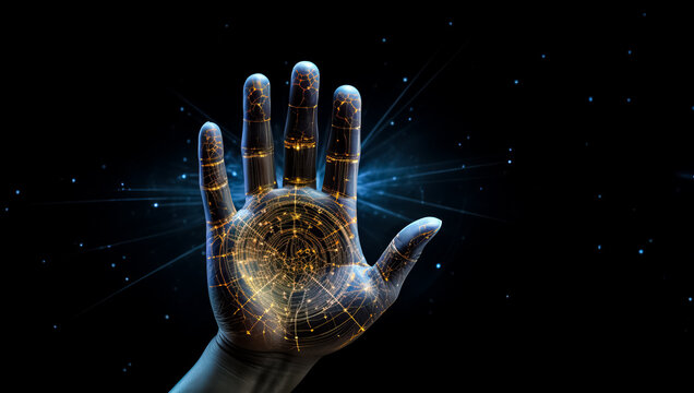 Enhanced human hand image highlighting astrological lines and zodiac signs 