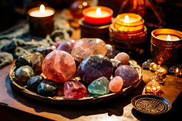 Sacred divination tools arranged with candles incense and vibrant precious stones 