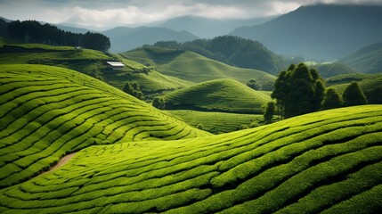 a serene, emerald-green tea plantation on rolling hills, with tea bushes neatly arranged in rows