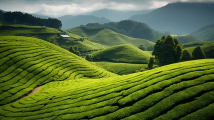 Foto op Plexiglas Rijstvelden a serene, emerald-green tea plantation on rolling hills, with tea bushes neatly arranged in rows