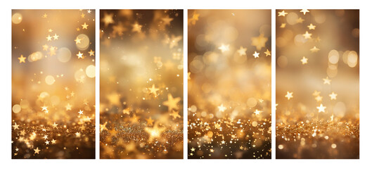 A set of vertical backgrounds and backdrops in the same style for the design of mobile phone presentations or instagram stories: Golden glowing bokeh and stars on a dark background soft focus