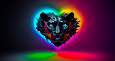 Pride parade panther in heart with neon rainbow colors on dark background