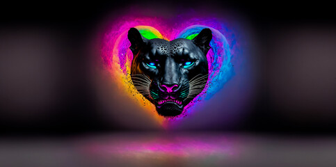 Pride parade panther in heart with neon rainbow colors on dark background