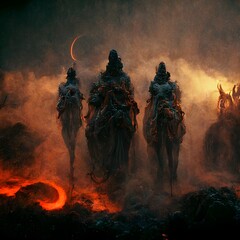the three horsemen of doom mythology ultra detailed octane render dim light 8k 