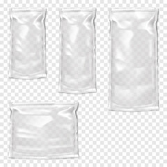 Clear glossy plastic bag with zip lock vector mock-up set. Empty blank transparent vinyl zipper stand-up pouch package. Various sizes mockup kit. Template for design