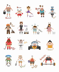 Cute Sporty monsters poster illustration, graphic sport activities elements clipart