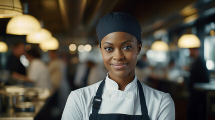 Fototapeta premium Portrait of smiling female chef standing in kitchen at restaurant