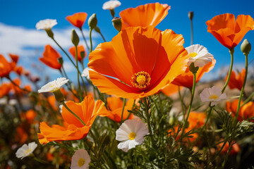 Orange California Poppy and Grasshopper: Vibrant wildflower meets lively insect in California's Orange County 