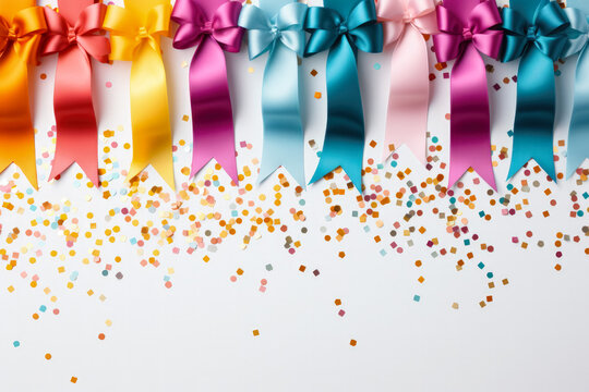Shimmering confetti ribbons with shiny gratitude text on white backdrop 