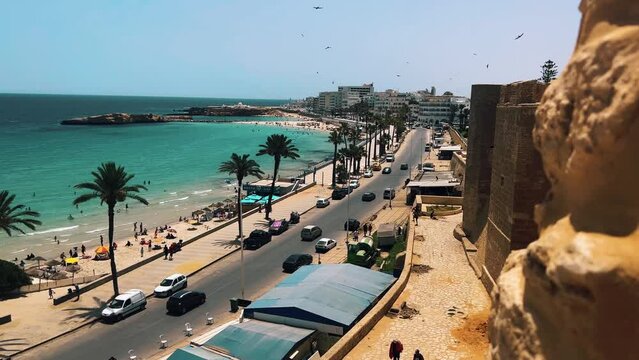 Beautiful old medieval fortress Ribat of Monastir, Tunis with view of inside and outside on the sea, beach, graveyard and other monuments