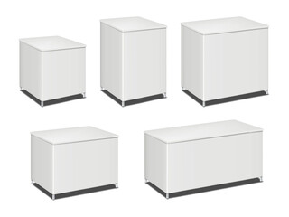 Blank white portable exhibition counter with metal legs. Vector mockup set. Promotional table display stand mock-up kit