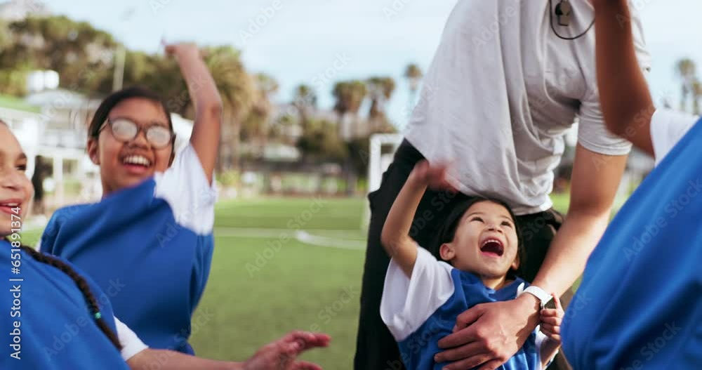 Poster Kids, sport team and hands for teamwork outdoor on field with happiness and celebration in nature. Soccer, circle and excited face or smile for success, achievement and competition with win and pride