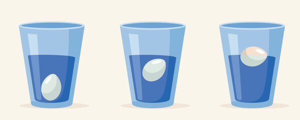 Old Egg in Different Stages Getting Bad Vector Cartoon illustration. Egg float test of freshness for safe consumption 
