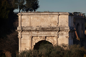 The upper part of the Triumphal Arch of Titus on the Roman Forum, Rome, Italy