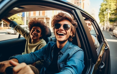 A group of young friends having fun while traveling by car