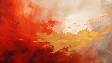 Abstract background with strokes of paint in red and gold colors. Artistic painting with oil or acrylic paints. Drawing with paints. Generative AI.