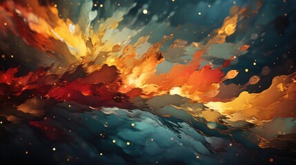 Abstract background with an explosion of bright colors. Background painted with blue, red and gold colors. Generative AI.