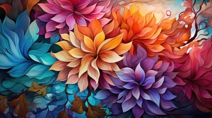 Bright background of bright flowers. Abstract image of plants and flowers. Flowers in watercolor style. Generative AI.