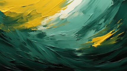 Abstract background with green and yellow flowers. Artistic painting with oil or acrylic paints. Painting with mixed colors. Generative AI.