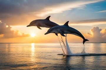 dolphin in the sea diving with sunset  - obrazy, fototapety, plakaty