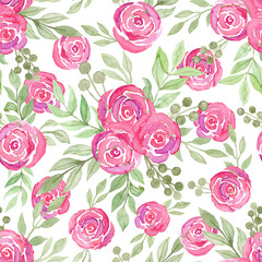 Watercolour pink roses, white background. Seamless floral pattern-287.