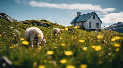 Fotobehang A picturesque house on the top of a hill, mountain farm with sheep © piknine