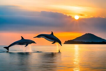 dolphin in the sea diving with sunset 