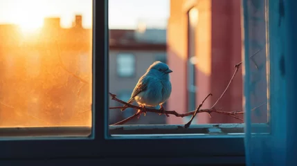  Cute sparrow bird perched on a window of a house © piknine