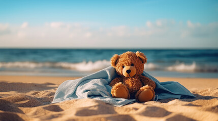 Adorable teddy bear plush sitting on a towel at a beach - obrazy, fototapety, plakaty
