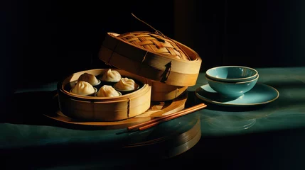 Fotobehang Piping hot delicious bamboo steamer of soup dumplings, chinese xiao long bao, dim sum © piknine