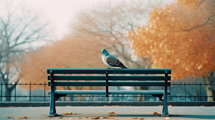 Blue pigeon sitting on a park bench - obrazy, fototapety, plakaty