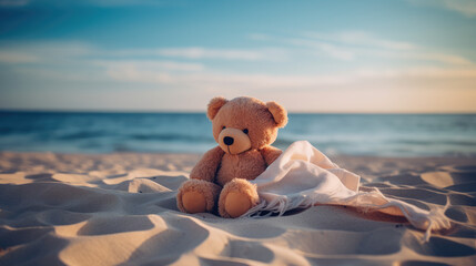 Adorable teddy bear plush sitting on a towel at a beach - obrazy, fototapety, plakaty