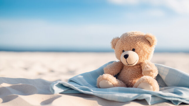 Adorable teddy bear plush sitting on a towel at a beach