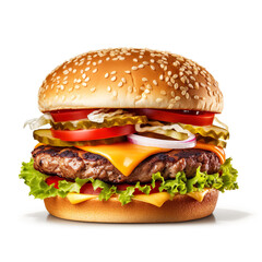 Burger hamburger AI image illustration isolated on white background. Delicious tasty popular food concept. American favourite cuisine - obrazy, fototapety, plakaty