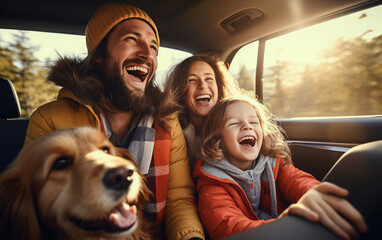 Family father, mother and daughter with pet dog traveling together by car and having fun
