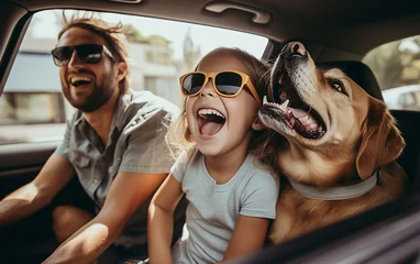 Fototapeten Father and daughter with pet dog driving together and having fun on vacation © perfectlab