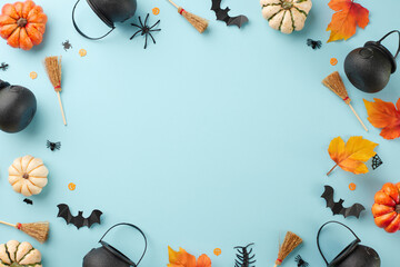 Reveling in the ghostly atmosphere that Halloween brings. Top view shot of trick or treat basket,...