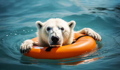 Polar bear on a lifebuoy. Habitat loss concept.