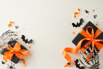 Bringing joy and laughter to Halloween with considerate gifts. Top view of gift boxes, orange satin...