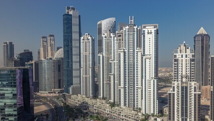 Fototapeta na wymiar Bay Avenue during sunrise with modern towers in Business Bay aerial, Dubai