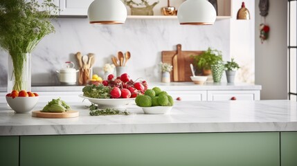 Interior of modern classic kitchen with green facades. Marble countertop and backsplash, wildflowers in a vase, fresh fruits and vegetables, various crockery, pendant lamps. Contemporary home design.