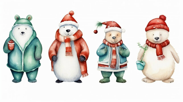 Set of watercolor characters isolated on white background. Polar bear, fox, penguin, snowman and Santa Claus. Design elements for postcard, greeting card, christmas card. Christmas decorations.