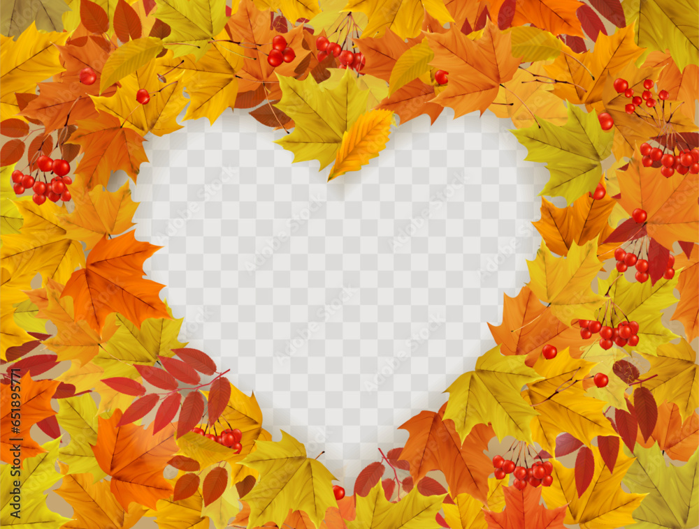 Poster autumn nature frame with colorful autumn leaves a heart shape on a transparent background. vector
