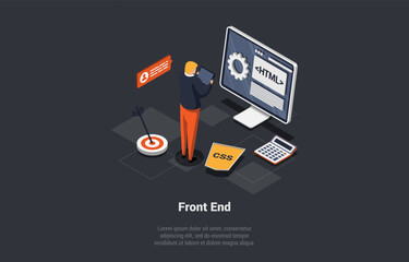 Front And Back End Of Development, Website Interface And Programming. Man Team Lead Control Process Of Developer Coding Website Using CSS, Python, And HTML Languages. Isometric 3d Vector Illustration