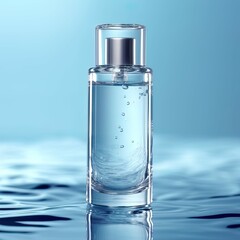 bottle of perfume with water splash on a blue background  - obrazy, fototapety, plakaty