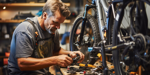 Obraz premium Ride & Repair: The Expert Touch of a Bicycle Technician.