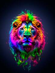 Male lion face in rainbow colors with dark background
