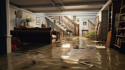 water damage in the basement due to flooding. ai generative - obrazy, fototapety, plakaty