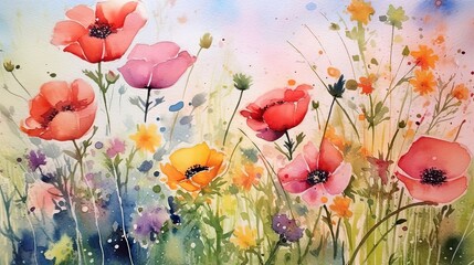 Vibrant Summer Flowers in Watercolor Aquarelle Painting Style